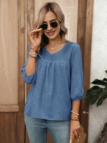 EMERY ROSE Women's Solid Color V-Neck Pleated Casual Versatile Daily Wear Blouse V Neck Blouses For Women Business Tops Modern Summer New Arrival - Blue - View 3