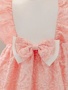 SHEIN Glamorique Kids 年轻女孩优雅迷人的粉色提花无袖收腰可爱蝴蝶结设计奢华蓬松连衣裙 - 粉色 - 查看 5