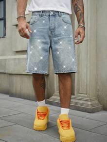 ROMWE MEN Street Life Men's Summer Casual Rhinestone Embellished Denim Shorts - Blue - View 3