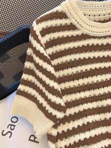 Franclia Nueva blusa de punto corta de manga corta con cuello redondo y diseño de rayas huecas para mujer (diseño hueco aleatorio) - Multicolor - Ver 4