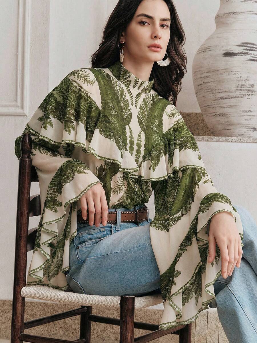 Anewsta 女款優雅淡綠色復古花卉印花長袖小立領荷葉邊下擺寬鬆襯衫，秋季早午餐飄逸度假風，嘉年華 - 綠色 - 查看 1