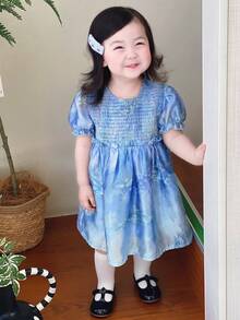 Dazy Kids Đầm tay ngắn cổ tròn phối màu ombre cho bé gái - Màu xanh lam - Xem 4