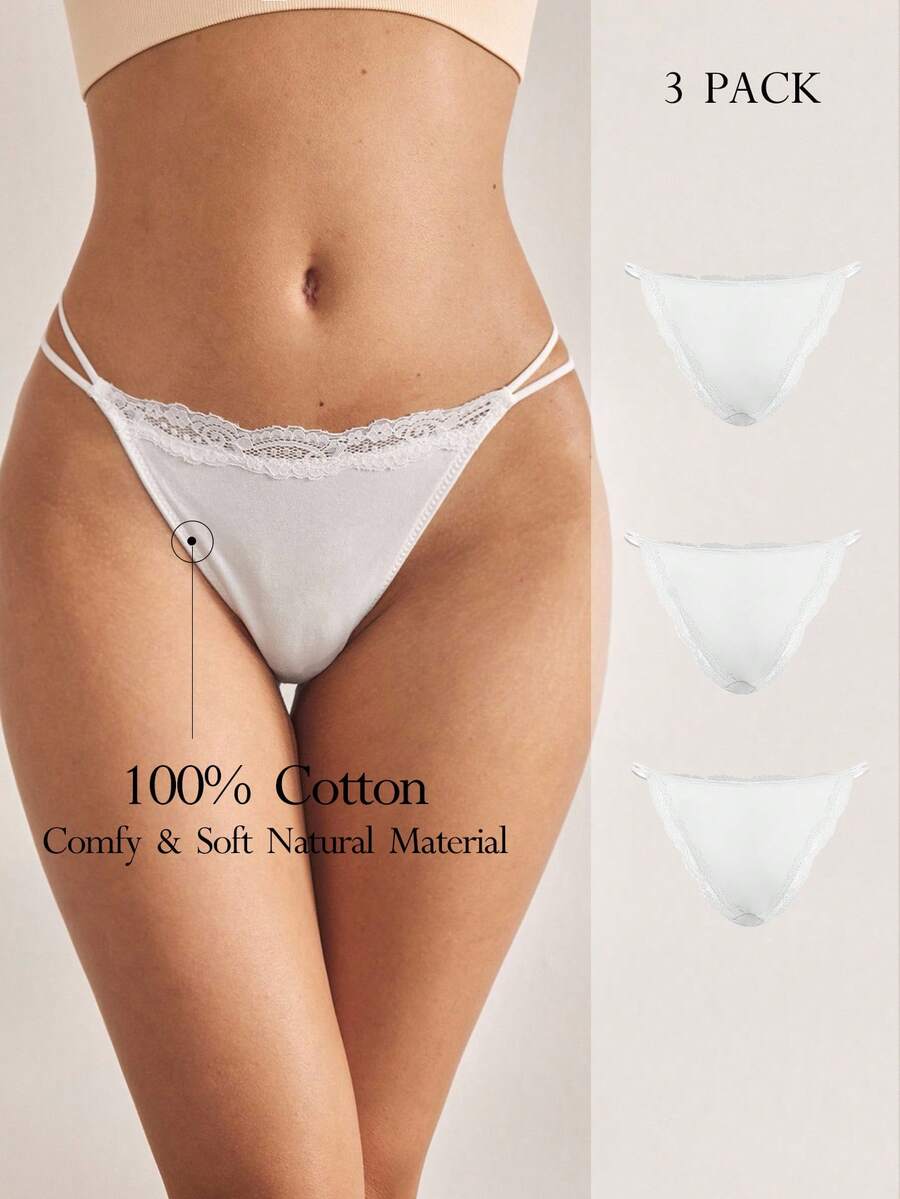 Ocili 3pcs/Pack Comfortable Minimalist 100% Cotton Lace Trim Elastic Waist Women's Panties, Chic Autumn - White - View 1