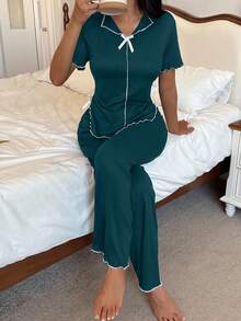 Napfluff Minimalist Casual V-Neck Front Long Back Short Design Contrast Color Stripe White Bow Decor Black Soft Thin Milk Silk Fabric Pajama Set - Dark Green - View 5