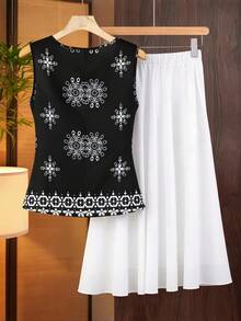 GlowEve CURVE Plus Size Women's Black And White Printed Sleeveless Top And Pants 2 Pieces Set,Summer Boho Vacation Outfits,Elegant Vintage Loose Casual Party Wear - Multicolor - View 2