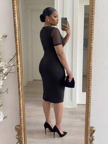 SHEIN Lady CURVE Plus Size Solid Color Sweetheart Collar Raglan Sleeve Fitted Dress Fitted Dress Bodycon Fitted Dresses For Women High Quality Dress Tummy Tuck Dress - Black - View 7
