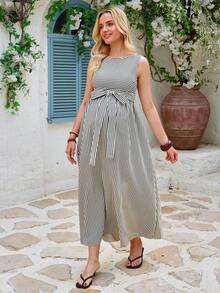 SHEIN 孕妇无袖圆领露背纽扣腰带A字条纹连衣裙 - 黑與白 - 查看 5