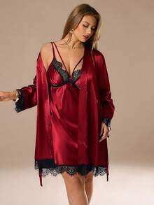 Auralis Große Größen Faux Seide & Spitze Patchwork Tiefer V-Ausschnitt Sexy Slip Kleid und Bademantel Set, gemütlich und elegant, Kleidung, Herbst & Winter - Bordeaux - Übersicht 5