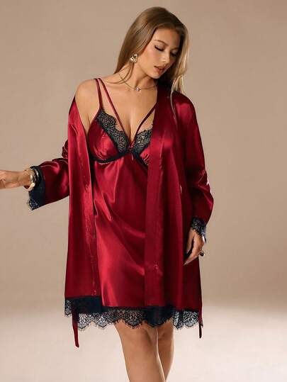 Auralis 大码仿丝蕾丝拼接深V领性感吊带裙睡袍套装，舒适优雅细节，秋冬服饰