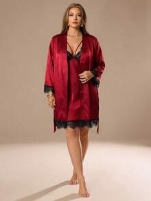 Auralis Große Größen Faux Seide & Spitze Patchwork Tiefer V-Ausschnitt Sexy Slip Kleid und Bademantel Set, gemütlich und elegant, Kleidung, Herbst & Winter - Bordeaux - Übersicht 3