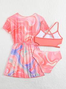 SHEIN Tween Girls 3 Pieces Bikini Sets, Pink Tie-Dye Two-Piece Swimsuit + Matching Mesh Cover-Up Three-Piece Set. New Summer Style, Skin-Friendly And Quick-Drying Swimwear. Side Cutout Design, Drawstring Waist Cover-Up. Stylish Beach Vacation/Pool Outfit. A Must-Have For A Dreamy And Gentle Style. - Hot Pink - View 2