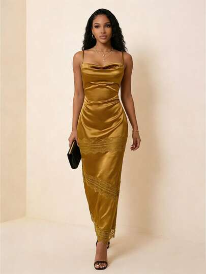 Eryvara Women's Sexy Sling Neck Asymmetrical Color-Blocking Lace Patchwork Fitted Fishtail Maxi Dress, Spring/Summer