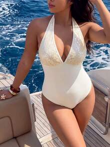 Auralis 大码女式夏季沙滩度假亮片拼接露背系带连体泳衣 - 杏色 - 查看 3