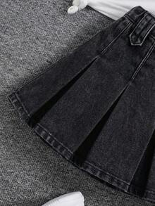 SHEIN Chân váy denim xếp ly cho bé gái, chân váy boho dễ thương mùa xuân hè. - màu đen - Xem 4