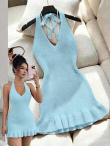 Franclia Early Spring New Romantic Valentine's Day Vibe V-Neck Halter Tie Waist Bodycon Dress With 3D Floral Pattern And Ruffle Hem, Backless - Baby Blue - View 5