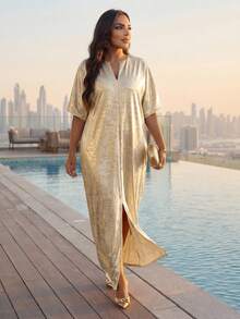 SHEIN Lady 节日连衣裙四季/婚礼宾客/教堂服装/舞会礼服/金色裙子/晚宴服装/金色女士缎面提花前开衩连衣裙，休闲派对优雅 - 金色 - 查看 4