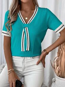 EMERY ROSE Áo dệt kim tay ngắn cổ xoắn phối sọc tương phản dành cho nữ, thích hợp mặc hàng ngày/đi làm, mùa hè. - Nhiều màu - Xem 6