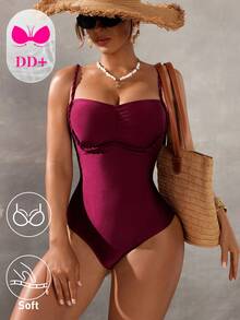 Swim DD+ Women's Summer Vacation Beach Patchwork Bandeau Ruched One-Piece Swimsuit - Burgundy - View 5