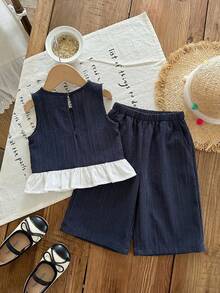 SHEIN LMoss Kids 女宝宝夏季可爱红白格子荷叶边无袖上衣和松紧腰宽松裤套装 - 彩色 - 查看 2