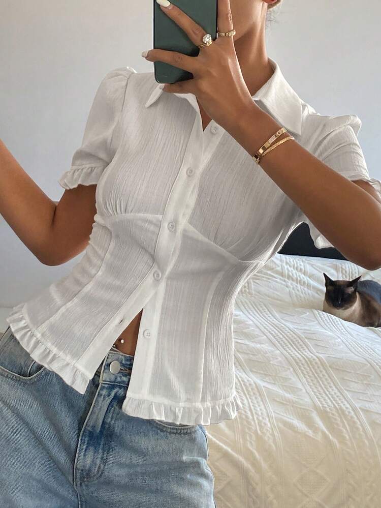 Women's Solid Color Fitted Cabled Waist Frill Trim Casual Vacation Summer Blouse