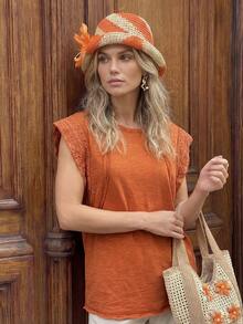 Áo kiểu nữ thời trang màu cam phối ren. - trái cam - Xem 1