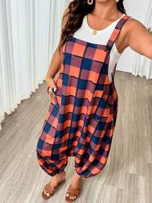 SHEIN LUNE CURVE Bộ áo liền quần dệt kim dáng rộng, thoải mái, có túi dành cho nữ, thích hợp cho kỳ nghỉ, có họa tiết kẻ caro. - trái cam - Xem 5