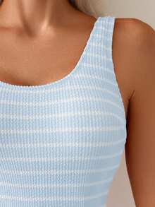 Swim Lushoire Traje de baño de una pieza para mujer con diseño de rayas onduladas y cuello redondo, con espalda descubierta y estilo minimalista, adecuado para uso diario en verano - Azul y blanco - Ver 5