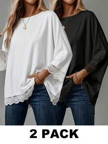 EMERY ROSE 两件套黑白女士休闲拼接蕾丝基础款T恤，宽松版型，适合秋冬季节；两件套女士休闲衬衫套装，适合夏季音乐节及日常穿着。 - 黑與白 - 查看 1