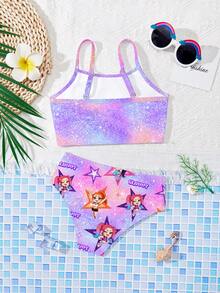 Fashionable Colorful K-POP Girl Group Letter & Star Print, Young Girls Casual Minimalist Fitted Camisole & Bikini Swimsuit Set, Suitable For Summer K-POP, Y2K - Multicolor - View 3