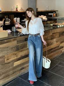 DAZY Women's Lace Long Sleeve Blouse, Elegant Style For Spring & Summer - Apricot - View 5