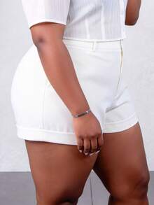 Plus Size Women High Waist Pockets Cuffed Hem Loose Casual Shorts - White - View 4