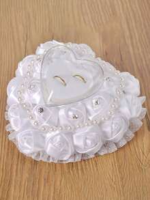 1个茶玫瑰心形新娘戒指盒，丝带蝴蝶结心形戒指盒，蕾丝边浪漫仿珍珠婚礼仪式用品礼品，求婚仪式白色戒指盒，情人节礼物 - 白色 - 查看 4