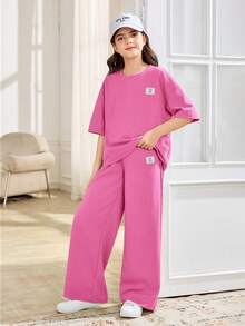 SHEIN 2pcs Tween Girls Casual Loose Comfortable Round Neck Short Sleeve T-Shirt And Pants Set Plain Pink Outfit Two Piece Fit Fuchsia - Hot Pink - View 5
