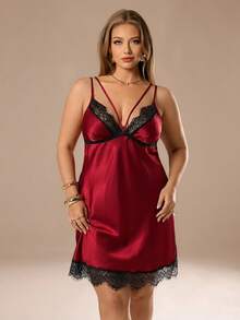 Auralis Große Größen Faux Seide & Spitze Patchwork Tiefer V-Ausschnitt Sexy Slip Kleid und Bademantel Set, gemütlich und elegant, Kleidung, Herbst & Winter - Bordeaux - Übersicht 6