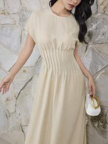Heiryn Đầm midi xếp ly thắt eo mùa hè, đầm thanh lịch để đi làm. - Màu Khaki - Xem 6