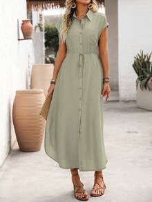 SHEIN LUNE Women's Solid Color Casual/Commute Shirt Dress, Collared Neckline, Front Center Opening, Left Chest Pocket, Loose Fit, Waist Tie Belt, Bowknot, Side Slits, Curved Dropped Shoulders, Long Length, Spring/Summer Women Dress Women's Summer Dresses Women's Summer Outfits Women's Summer Co Ord Women Casual Dresses - Mint Green - View 8