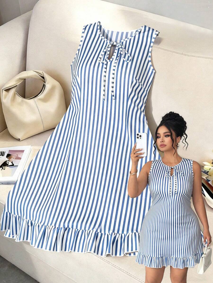 Elenzga 优雅女士蓝白条纹印花圆领无袖修身连衣裙，适合日常休闲穿着、购物、海滩度假，舒适的夏季连衣裙 - 藍白色 - 查看 1