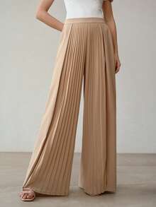 MOTF PREMIUM SUMMER NEW FASHION PLEATED PATCHWORK DESIGN CULOTTES, WOMEN KHAKI DRAPING WIDE LEG PALAZZO PANTS - Khaki - View 1