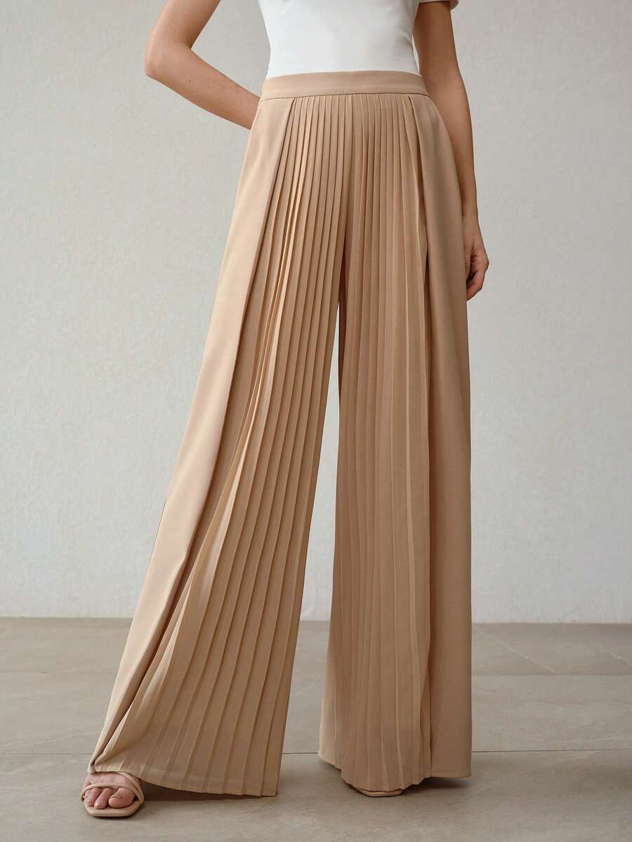 MOTF PREMIUM SUMMER NEW FASHION PLEATED PATCHWORK DESIGN CULOTTES, WOMEN KHAKI DRAPING WIDE LEG PALAZZO PANTS - Khaki - View 1