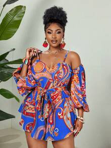 Maweii Plus Size Digital Print Elegant Off-Shoulder Backless Jumpsuit - Blue - View 6