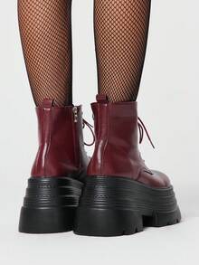 ROMWE Goth Women Heeled Sandals 2026 New Autumn And Winter Punk Style Burgundy PU Round Toe Boots Thick-Soled Small Riding Boots Versatile Muffin Ankle Boots - Burgundy - View 5