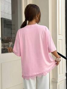 Muchica Light Pink Women's New Lace Trim T-Shirt, Spring/Summer,Summer Top - Baby Pink - View 2