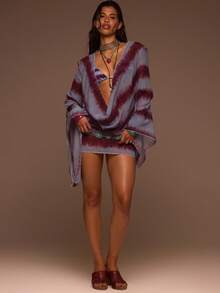 Musera Resort Đầm mini tay dài cổ đổ xẻ sâu bằng vải chiffon lưới nhuộm tie-dye, thích hợp mặc đi biển, nghỉ mát, hàng ngày, gợi cảm, dễ thương, phong cách boho, du lịch, Sunspell. - Nhiều màu - Xem 5