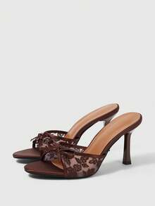 Sleekvia New Fashionable Versatile Rhinestone Bow Strap Stiletto High Heel Sandals For Christmas Summer - Brown net - View 8