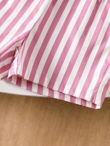 SHEIN 2件套女婴幼儿/新生儿0-3岁休闲日常腊肠犬图案圆领T恤+粉色条纹短裤套装，春夏款 - 粉色 - 查看 6