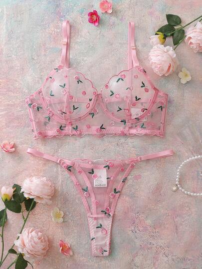 FloralLove طقم ملابس داخلية للنساء مكون من صدرية بحشوة سلكية مطرزة بزهور رومانسية وسروال ذو خصر منخفض