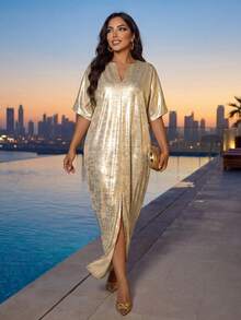 SHEIN Lady 节日连衣裙四季/婚礼宾客/教堂服装/舞会礼服/金色裙子/晚宴服装/金色女士缎面提花前开衩连衣裙，休闲派对优雅 - 金色 - 查看 2