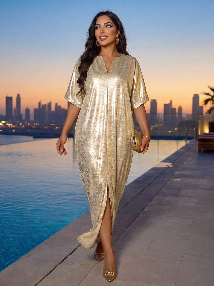 SHEIN Lady 节日连衣裙四季/婚礼宾客/教堂服装/舞会礼服/金色裙子/晚宴服装/金色女士缎面提花前开衩连衣裙，休闲派对优雅