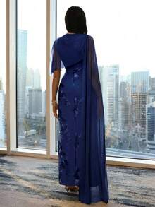 Modelyn New Design Asymmetric Sleeve Elegant Embroidered Floral Cinched Waist Romantic Luxurious Party & Holiday Dress - Navy Blue - View 8