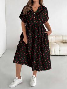 SHEIN CURVE+ Plus Size Summer Casual Cherry Print Dress - Multicolor - View 2